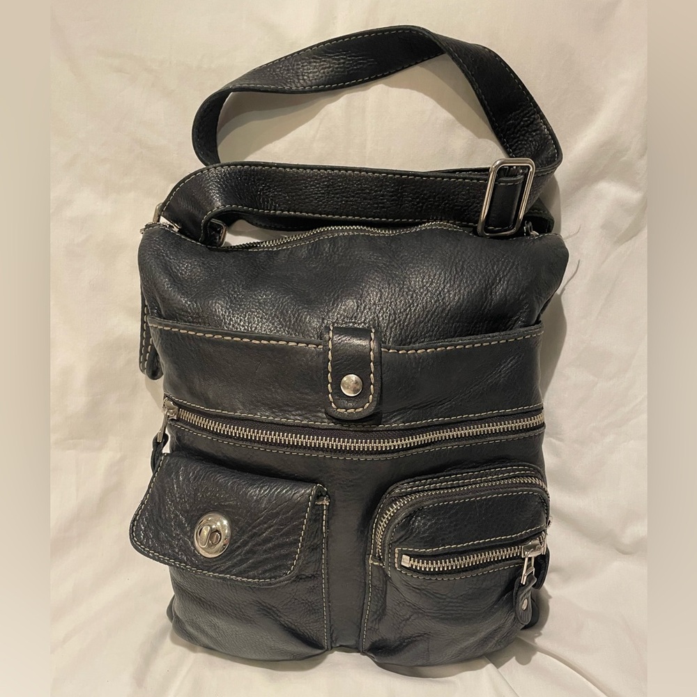 Roots Black Leather Tribe Cross Body Bag
